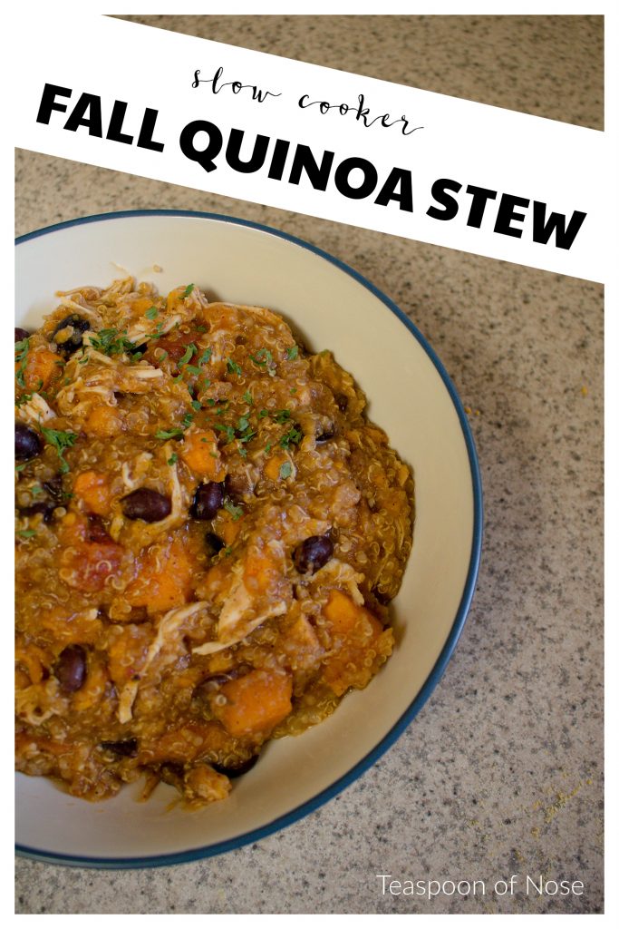 Need something easy, filling and delicious to make for dinner? Try this hearty quinoa fall stew! Full of sweet potatoes, tomatoes, chicken and black beans, it's the perfect balance of comforting and healthy! | Teaspoon of Nose