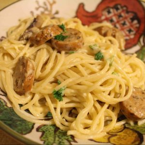 I love easy weeknight pastas. This one has sausage, mushrooms, and an easy egg sauce! | Teaspoon of Nose