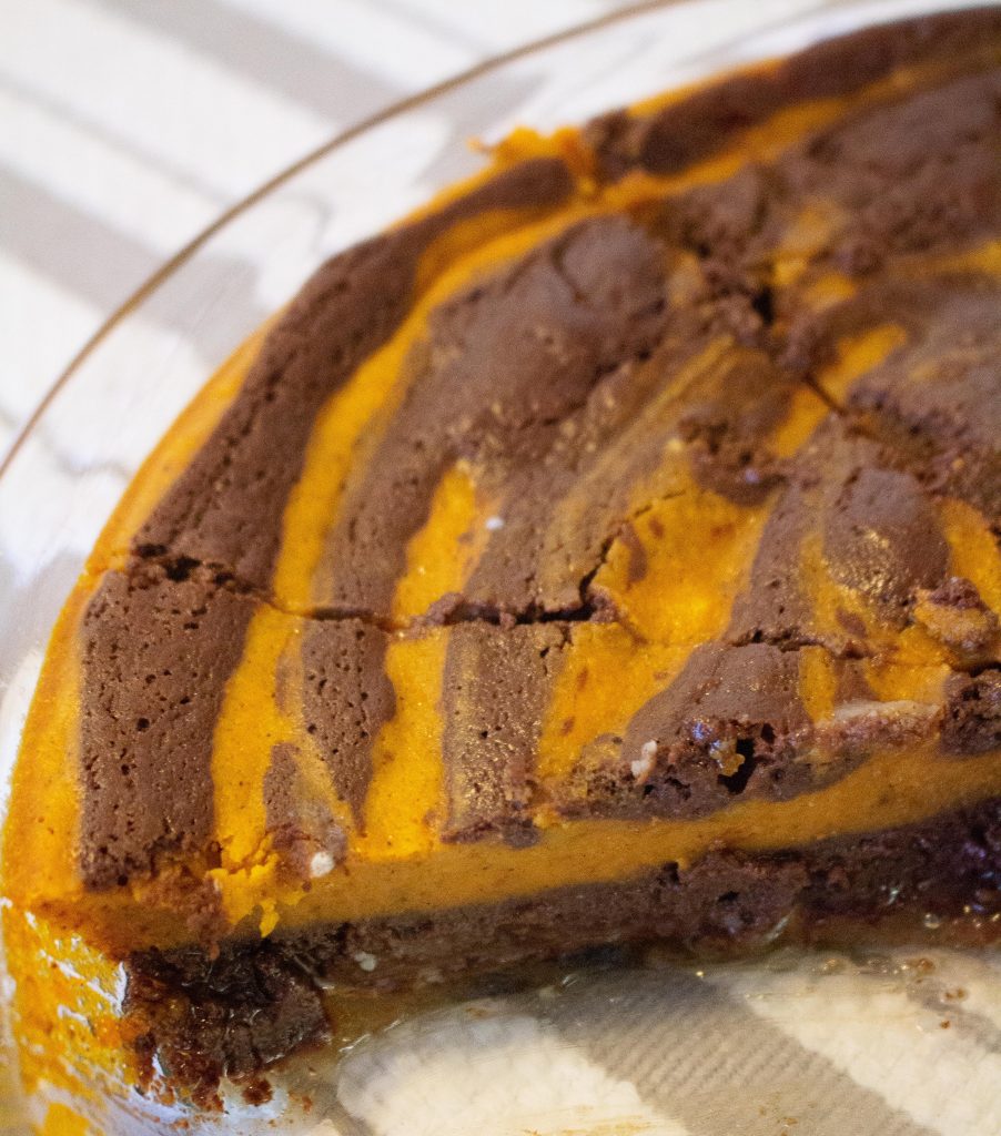 Pumpkin Brownie Pie is a mash-up of two classic American desserts: pumpkin pie and brownies! Perfect for Thanksgiving dessert!