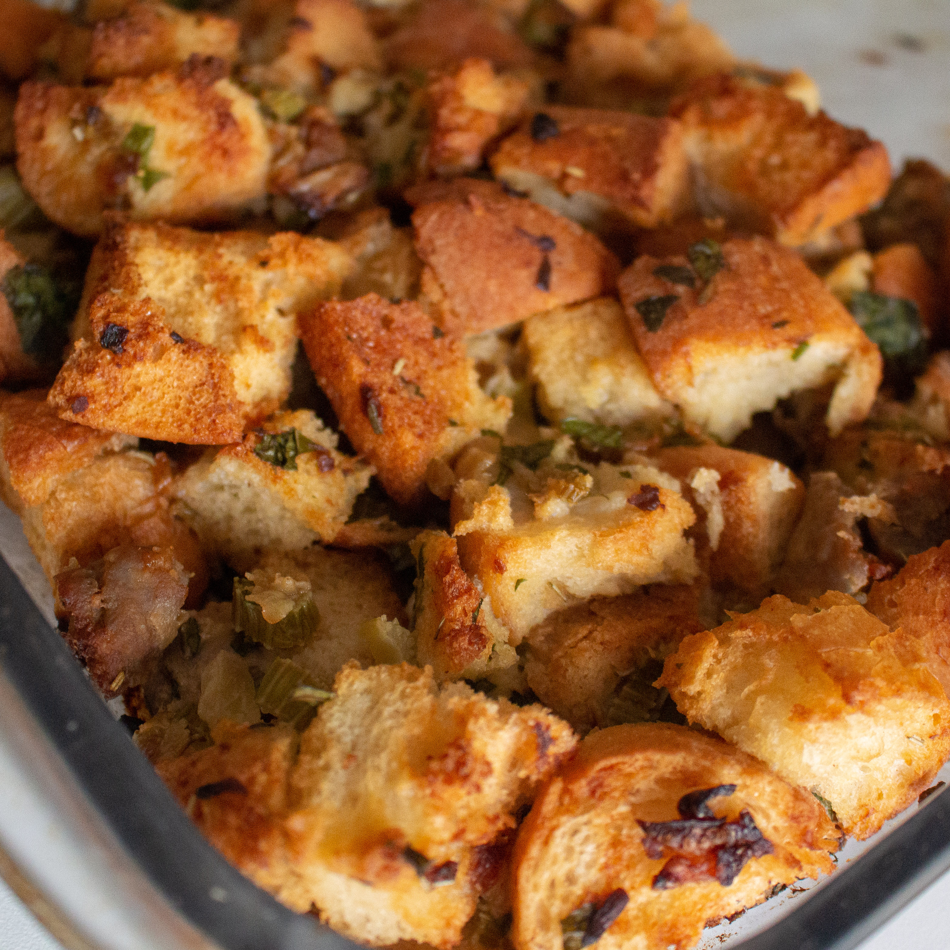 The perfect Thanksgiving stuffing: packed with flavor and never soggy!