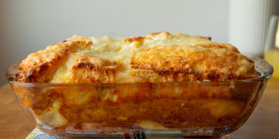 Cheese strata makes a great breakfast option for holidays when you've got a house full of people or hosting an at-home brunch!