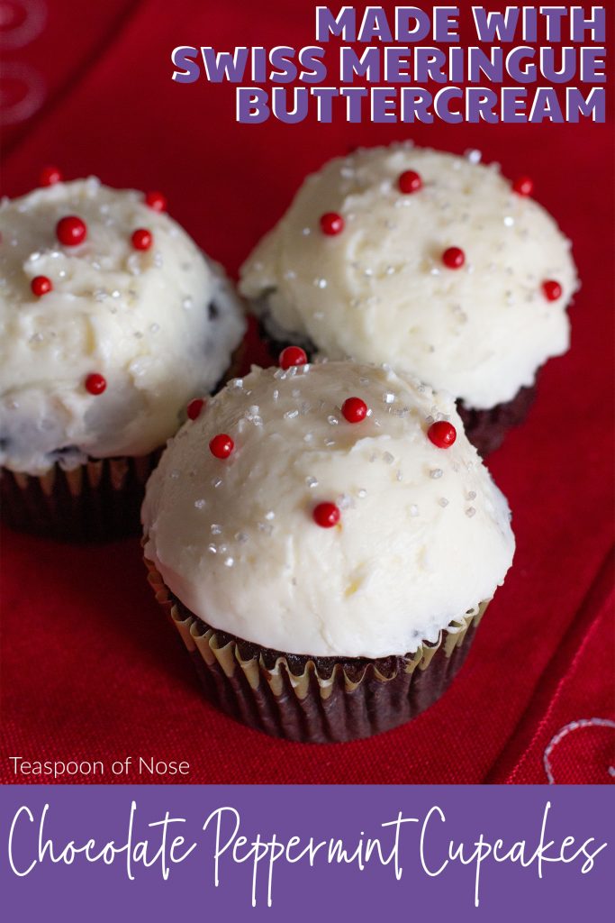 Packed with deep chocolate flavor and topped peppermint swiss meringue buttercream, dark chocolate peppermint cupcakes are the Christmas dessert you didn't know you needed!!