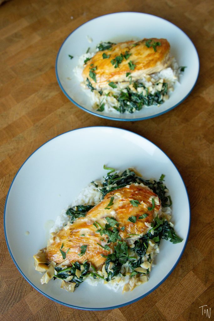 Creamy spinach artichoke chicken tastes like spinach dip in meal form! It comes together in 20 minutes and ...